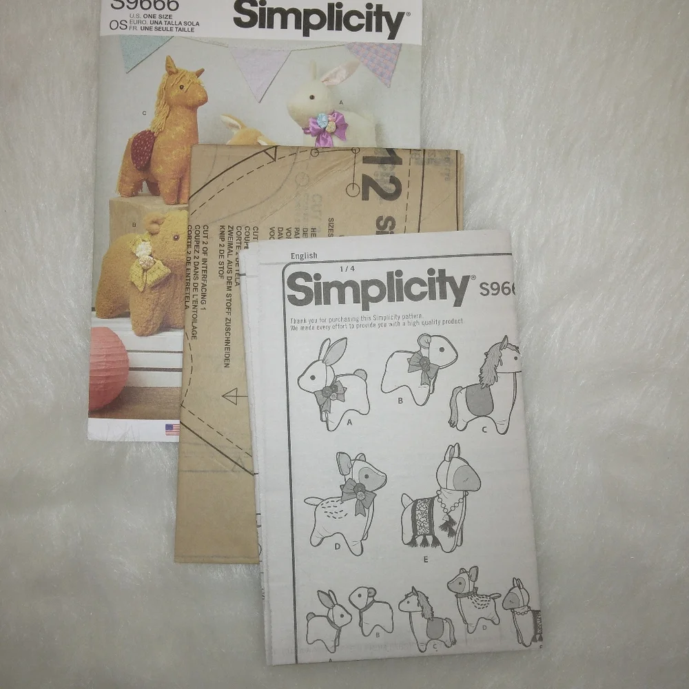 Simplicity 9666 Plush Animal Dolls Bunny Bear Pony Deer Alpaca